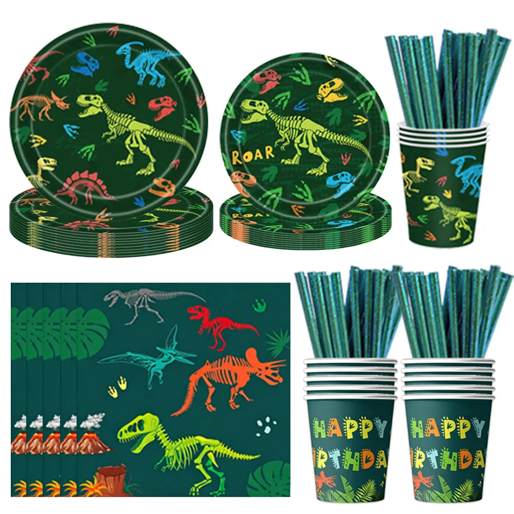 Jurassic Dinosaur Birthday Party Supplies – Dinosaur Fossil-Themed Disposable Plates, Cups & Napkins for Kids' Party Decorations