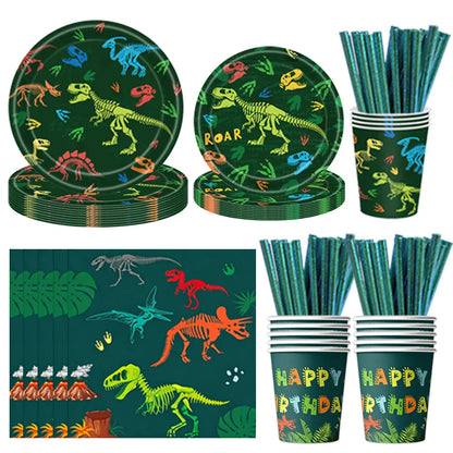 Jurassic Dinosaur Birthday Party Supplies – Dinosaur Fossil-Themed Disposable Plates, Cups & Napkins for Kids' Party Decorations
