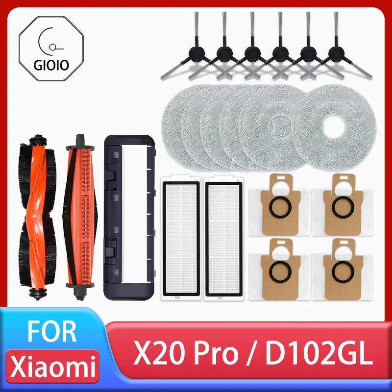 Replacement Parts Kit for Xiaomi Robot Vacuum X20 Pro / D102GL – Main Brush, Side Brushes, HEPA Filter, Mop Pads & Dust Bags