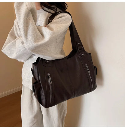 Women’s PU Leather Shoulder Bag – 2026 Fashion Handbag with Soft Interior Compartment, Contrast Color Design, Zipper Closure, Stylish Everyday Purse for Work, Travel & Casual Use