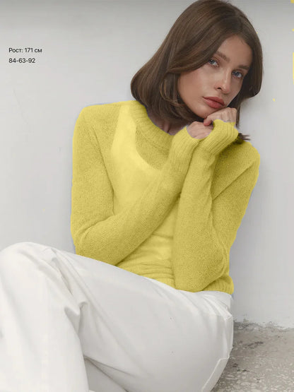 Women’s Classic Mohair Knitted Sweater Top Spring Summer Loose O-Neck Micro Sheer Cool Knit Shirt