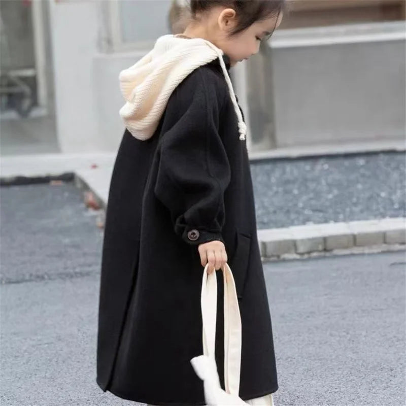 Girls Tweed Jacket, Medium-Length Hooded Coat for Kids, Warm Single-Breasted Autumn and Spring Overcoat, Casual Windbreaker Outerwear