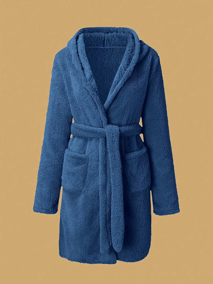 Women’s Hooded Fleece Robe – Solid Color Cozy Warm Bathrobe with Belt for Autumn & Winter Home Wear