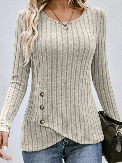 Women's Western Long Sleeve Top – Round Neck Fitted Waist-Cinched T-Shirt for Autumn Casual European & American Fashion
