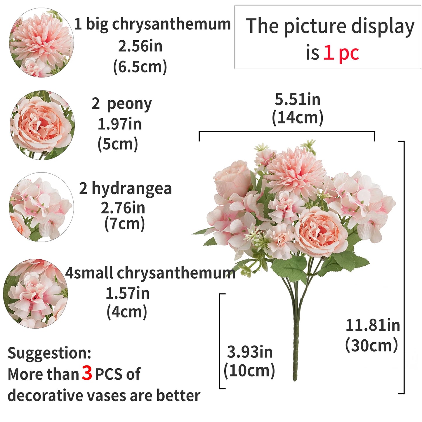 Ramo de flores artificiales realista – Arreglo floral sintético de peonía, crisantemo e hortensia con tallos, decoración reutilizable para el hogar, decoración para bodas y accesorios de fotografía