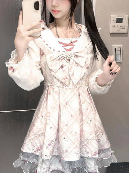 Vestido japonés Sweet Lolita Kawaii para mujer 2025, estampado de primavera, lazo, vestido falso de dos piezas, estilo coreano, ropa de fiesta