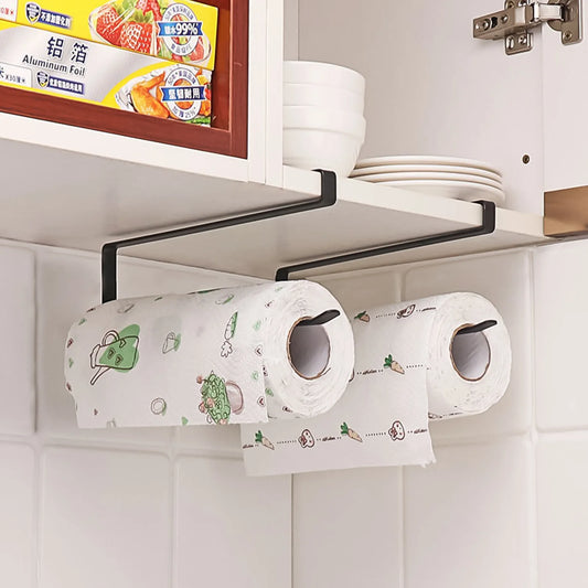 Soporte de papel de cocina - Soporte de papel de cocina sin perforaciones, soporte de papel higiénico colgante, organizador de gancho para puerta de armario para cocina, baño y almacenamiento en el hogar
