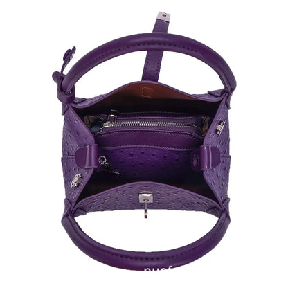 2026 Women's Ostrich-Texture PU Leather Bucket Bag Set – 2PCS Adjustable Strap Crossbody & Shoulder Handbags, Stylish Everyday Purse