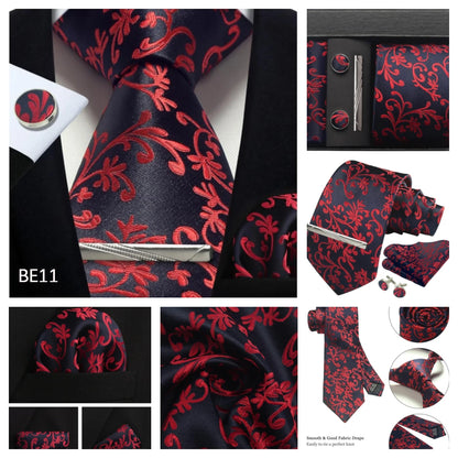 Corbata de seda 100% con diseño floral de Paisley para hombre con pañuelo de bolsillo, pasador de corbata y gemelos en caja de regalo