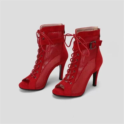 Sandalias Gladiador de Malla con Punta Abierta para Mujer – Tacones Altos de Aguja con Cordones, Zapatos de Fiesta Calados para Verano