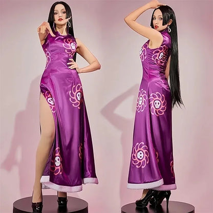 One Piece Boa Hancock Cosplay Costume – Purple Kimono Cheongsam Dress & Cloak