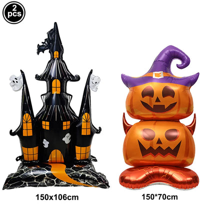 Large Halloween Standing Foil Balloons – Haunted House, Castle, Skull, Coffin & Witch Mylar Balloons for Halloween Party Decorations
