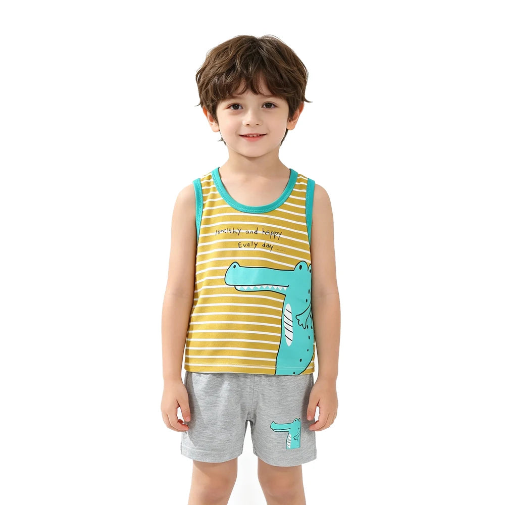 Kids 100% Cotton Pajama Set Sleeveless Tank Top & Shorts Summer Sleepwear for Boys & Girls