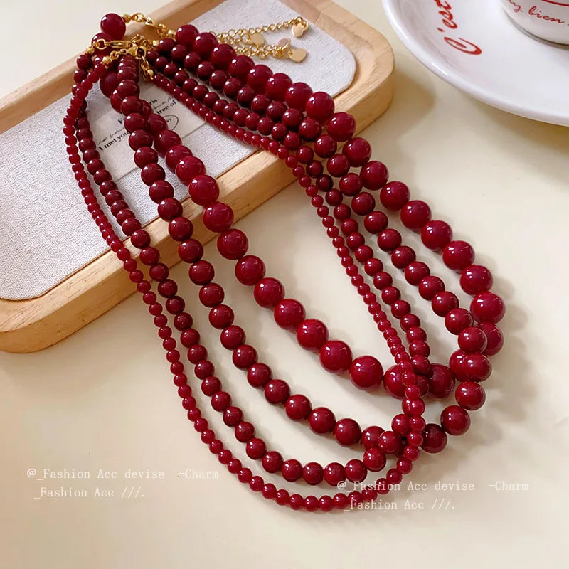 Red Round Glass Bead Necklace – Retro Collarbone Chain for Women, Vintage-Inspired Fashion Jewelry & Everyday Accessories