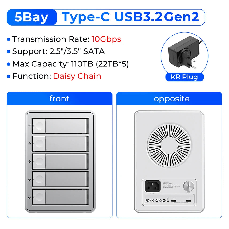 ORICO 4/5 Bay HDD Docking Station – USB 3.2 Type-C 10Gbps SATA Hard Drive Enclosure for 2.5" & 3.5" SSD HDD