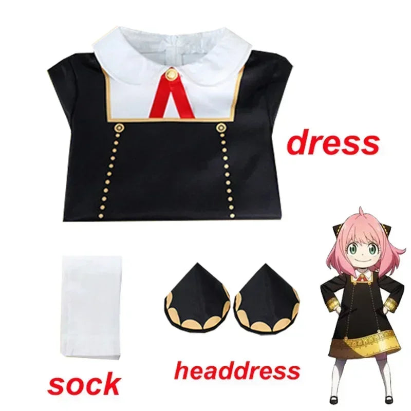 Spy × Family Anya Forger Cosplay Costume Set – Black Uniform Dress with Pink Wig & Stockings for Girls & Adults, Halloween Party & Roleplay Outfit