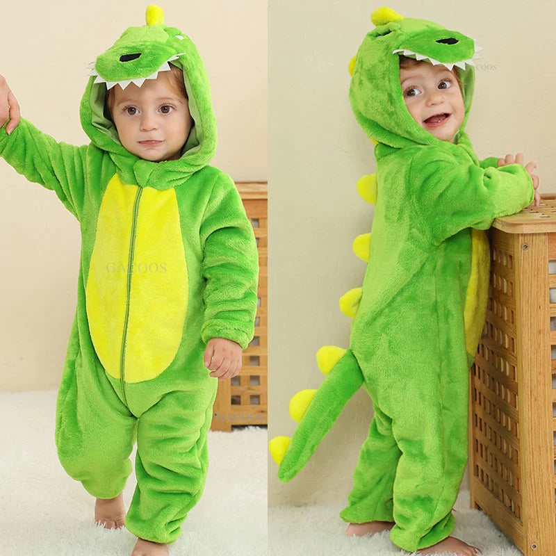 Halloween Dinosaur Baby Romper – Warm Fleece Hooded Kigurumi Pajamas & Animal Jumpsuit for Baby Boys & Girls, Cozy Winter Costume 0-4T