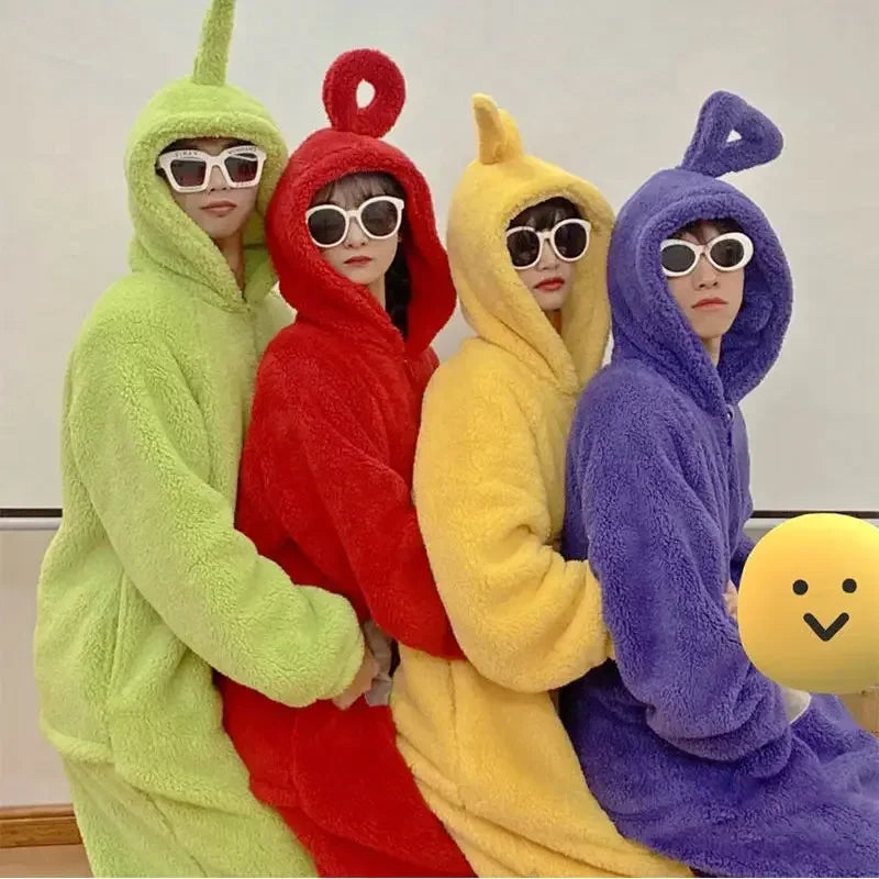 Teletubbies Inspired Adult Cosplay Pajamas – Tinky Winky / Laa-Laa / Po Soft Long Sleeve Onesie Costume (4 Colors)