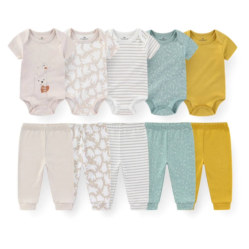 Kiddiezoom 10PCS Baby Clothing Set – Unisex Newborn Bodysuits & Pants, Soft Four-Season Infant Outfit for Baby Boys & Girls