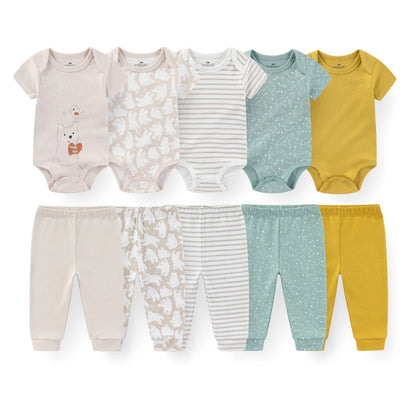 Kiddiezoom 10PCS Baby Clothing Set – Unisex Newborn Bodysuits & Pants, Soft Four-Season Infant Outfit for Baby Boys & Girls