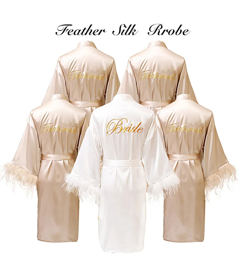 Women’s Feather Satin Robe – Bride Bridesmaid Wedding Kimono Bathrobe V-Neck Nightgown Lingerie
