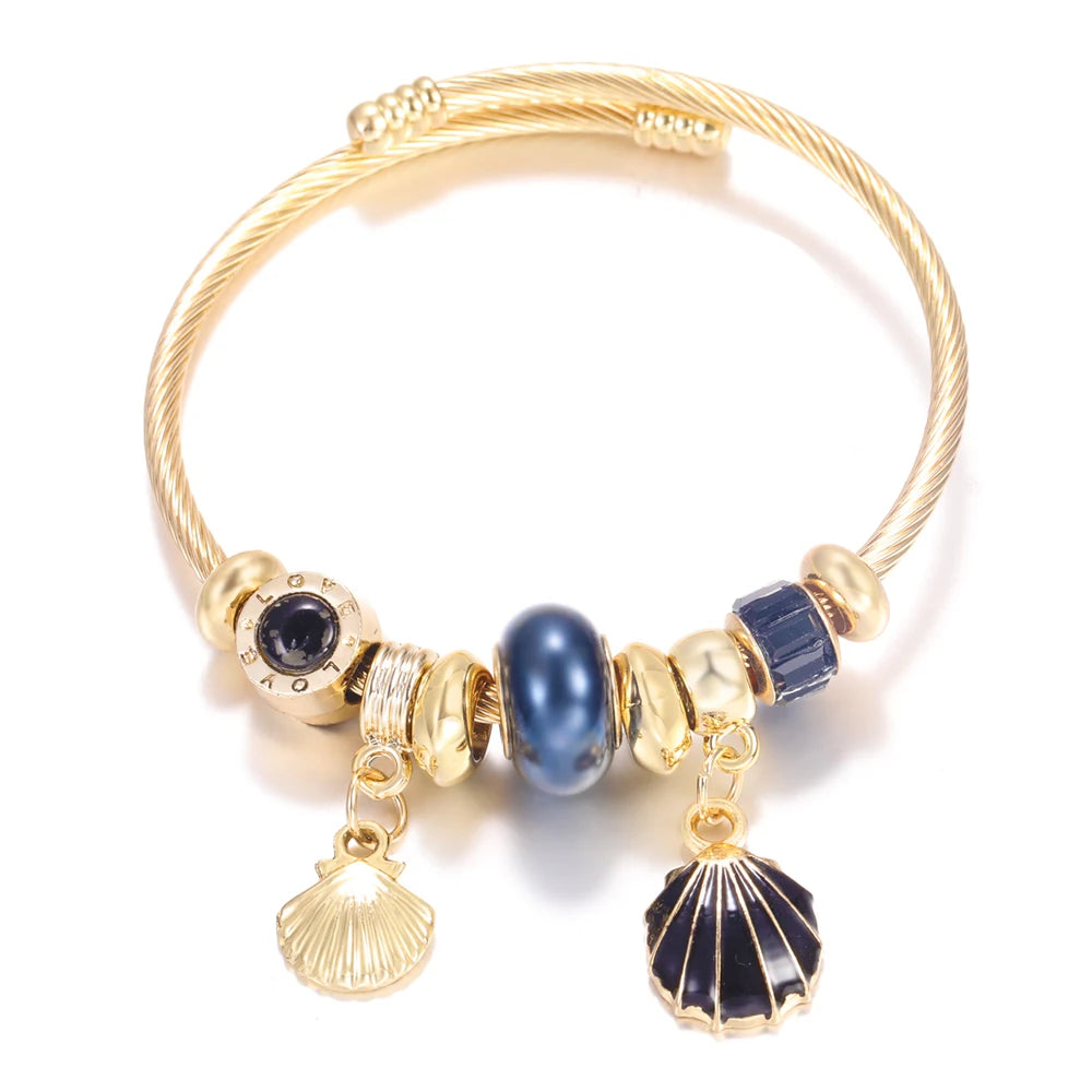 Pulsera con colgante de corazón y cuentas – Pulsera de abalorios de acero inoxidable de 4 colores para mujer | Regalo de joyería de moda dorada de tendencia