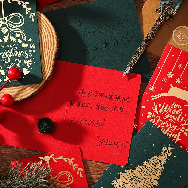 6PCS Christmas Greeting Cards with Envelopes – Red & Green Hot Stamping Holiday Blessing Cards for Xmas, New Year & Gift Giving