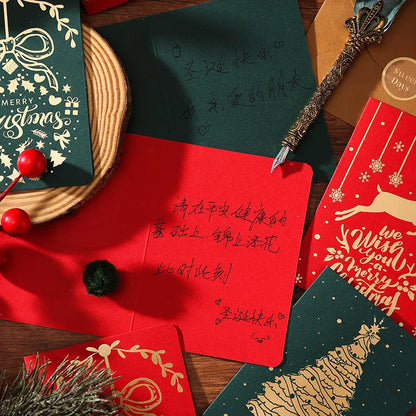 6PCS Christmas Greeting Cards with Envelopes – Red & Green Hot Stamping Holiday Blessing Cards for Xmas, New Year & Gift Giving