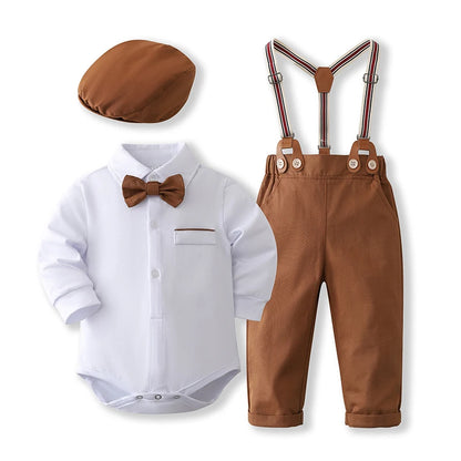 Baby Boy Gentleman Formal Outfit Set – Solid Romper with Matching Hat, Cotton First Birthday Costume for Infants & Toddlers 0-24 Months