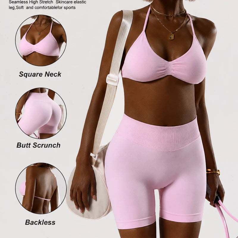 Women’s Seamless Yoga Set – 2PCS Strappy Sports Bra & High Waist Scrunch Shorts Gym Workout Outfit