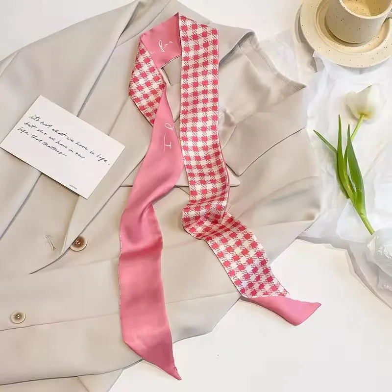Khaki Nude Silk Scarf Hair Band – Vintage Satin Ribbon Bow Hair Accessory for Women | Elegant Fashion Hair Tie