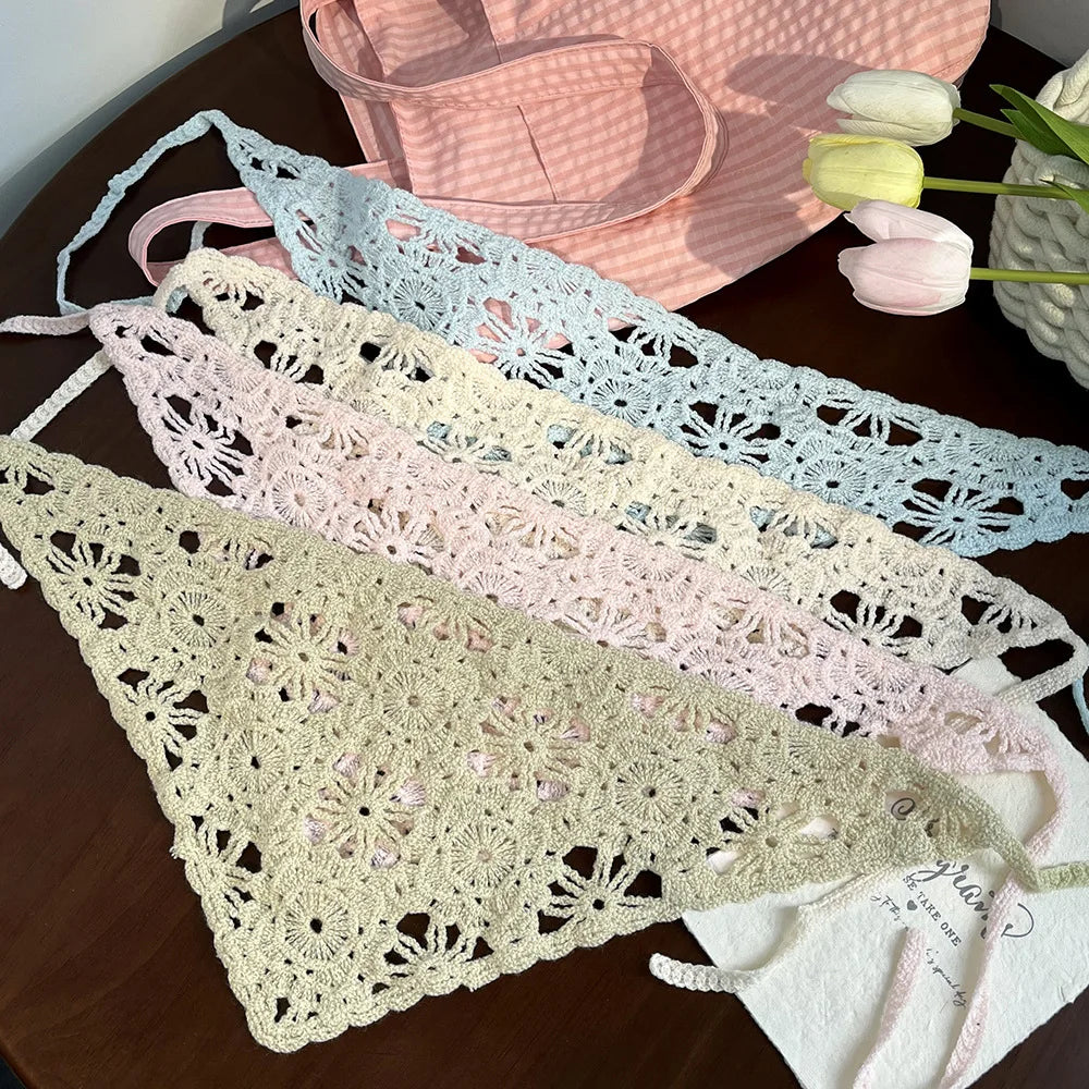 Fashion Knitted Headscarf for Women – French Pastoral Crochet Triangle Headband with Retro Floral Design | Handmade Hair Accessory