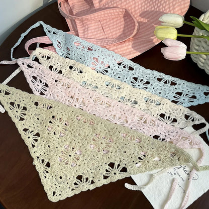 Fashion Knitted Headscarf for Women – French Pastoral Crochet Triangle Headband with Retro Floral Design | Handmade Hair Accessory