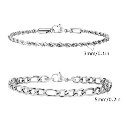 2-Piece Men's Chain Bracelet Set – Stainless Steel Twist Rope & Cuban Link Wristbands in Silver, Gold & Black | Fashion Jewelry Gift