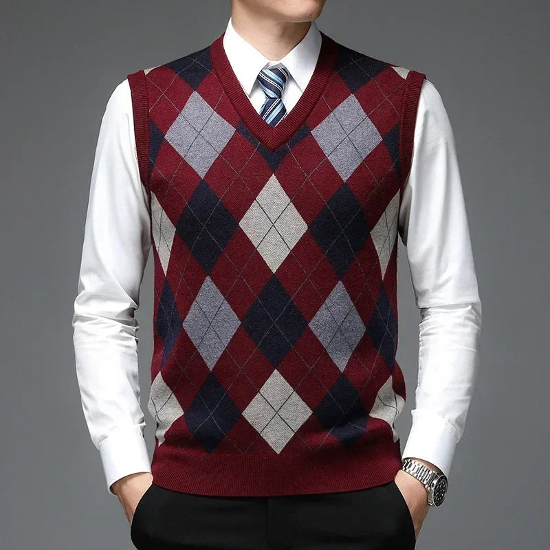 2026 Men’s Casual Knitted Sweater Vest – V-Neck Jacquard Plaid Sleeveless Pullover Top for Business, Office & Everyday Wear