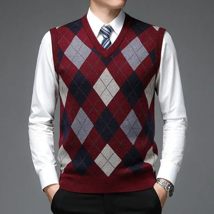 2026 Men’s Casual Knitted Sweater Vest – V-Neck Jacquard Plaid Sleeveless Pullover Top for Business, Office & Everyday Wear