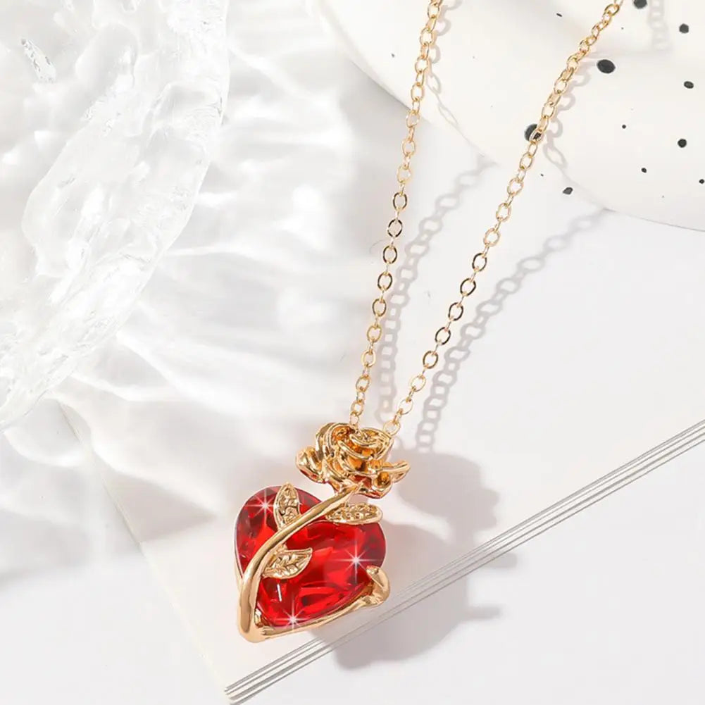 Dark Red Faux Crystal Rose Pendant Necklace – Love Heart Flower Choker for Women, Gothic Punk Jewelry for Dating, Banquets & Daily Wear