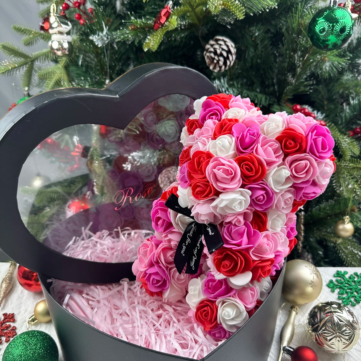 Oso de rosas artificiales de 25 cm con caja de regalo – Regalo romántico para ella en San Valentín, aniversario y boda