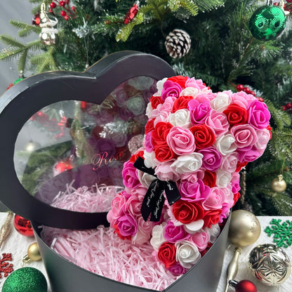 Oso de rosas artificiales de 25 cm con caja de regalo – Regalo romántico para ella en San Valentín, aniversario y boda
