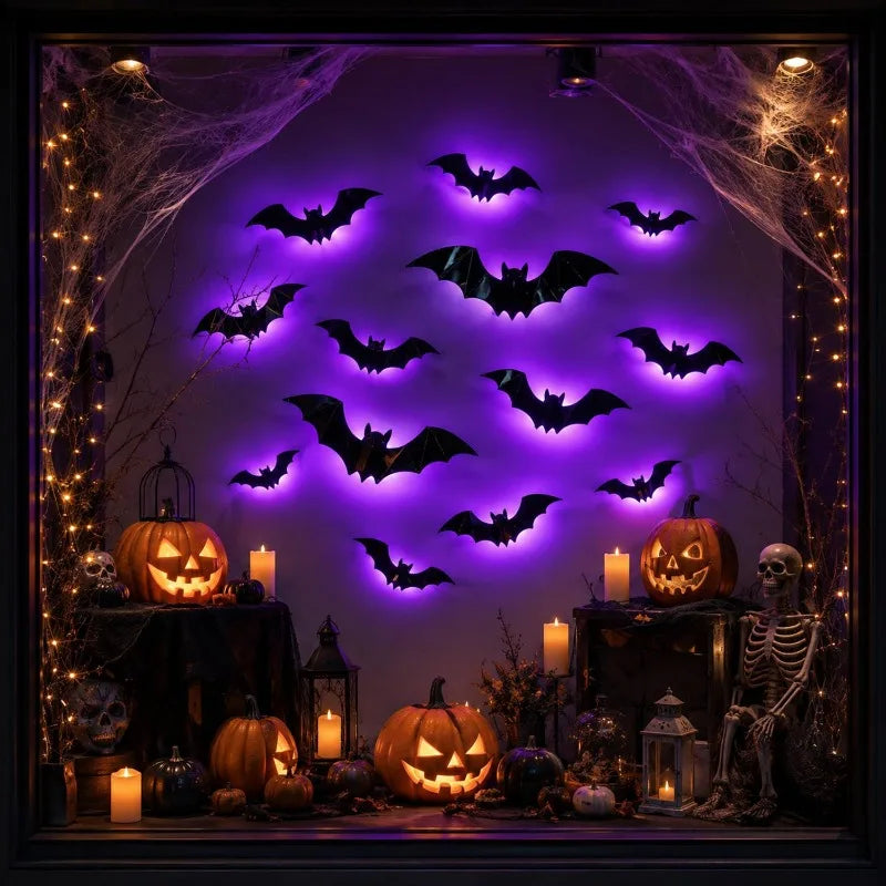 Glow-in-the-Dark 3D Bat Wall Stickers – Removable PVC Halloween Decor in 3 Sizes, Easy Peel-and-Stick for Windows, Home & Partie