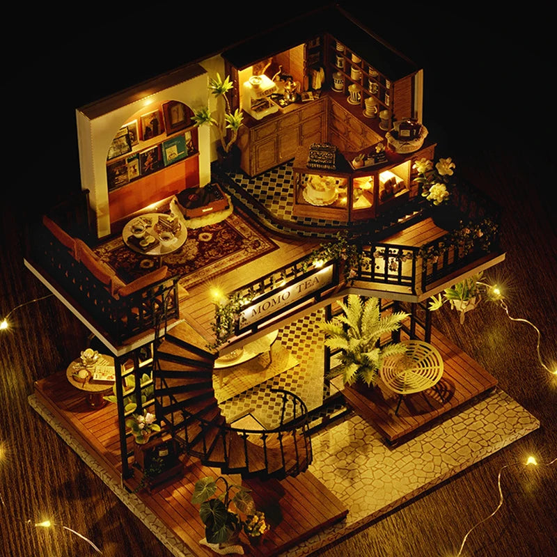 Wooden Dollhouse 3D Puzzle Kit – DIY Miniature Room Model with Furniture & LED Lights Home Decoration