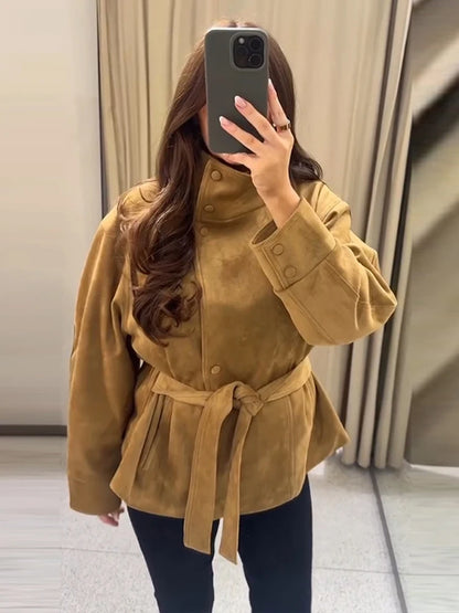 Women’s Vintage Suede Short Coat – Elegant Lace-Up Belted Jacket with Stand Collar, Single-Breasted Closure & Long Sleeves