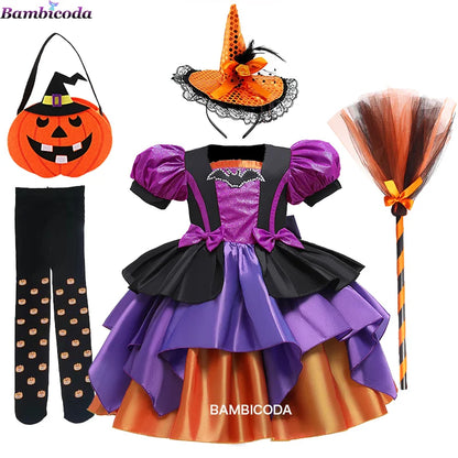 Girls Pumpkin Halloween Costume Dress – Fancy Bat Print Witch Princess Ball Gown for Cosplay, Festival & Party