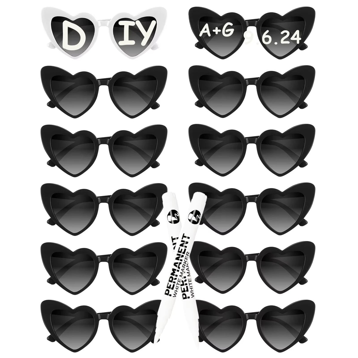 12–120PCS Personalized Heart Sunglasses with Pen – Wedding & Bachelorette Party Favors, Bridal Party Photo Props & Gifts