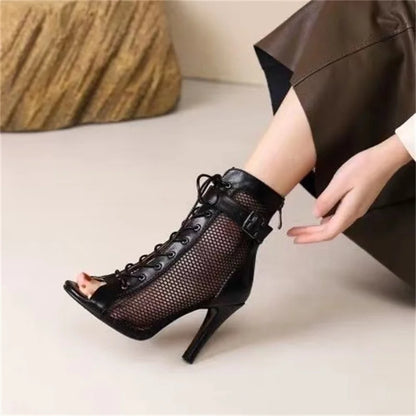 Sandalias Gladiador de Malla con Punta Abierta para Mujer – Tacones Altos de Aguja con Cordones, Zapatos de Fiesta Calados para Verano