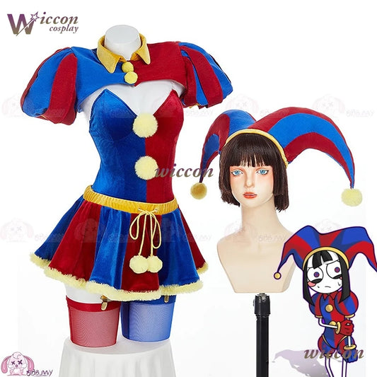 Disfraz de Cosplay de Circo de Payaso – Conjunto Original para Adultos (Peluca de Pomnii, Sombrero, Falda de Terciopelo, Traje de Carnaval/Navidad)