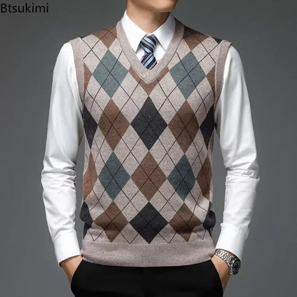 2026 Men’s Casual Knitted Sweater Vest – V-Neck Jacquard Plaid Sleeveless Pullover Top for Business, Office & Everyday Wear