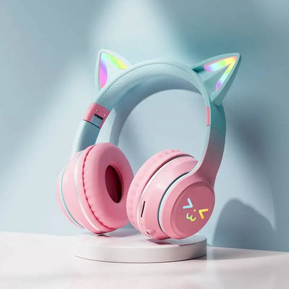 Gradient RGB Cat Ear Wireless Bluetooth Headphones – Cute Stereo Music Gaming Headset with Microphone for Girls & Kids, Fun Gift for Children