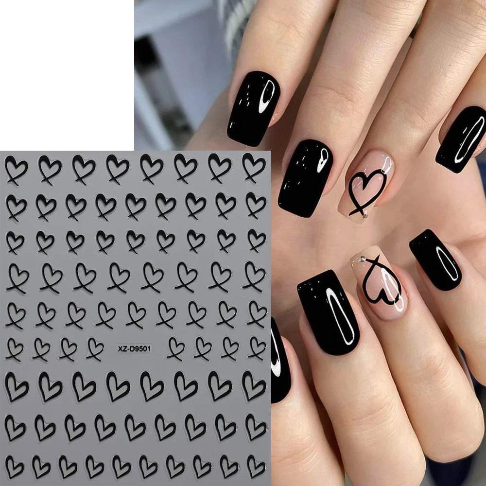 8-Sheet 3D Heart Nail Stickers – Cute Pink Black White Gold Self-Adhesive Nail Art Decals (8×10cm)
