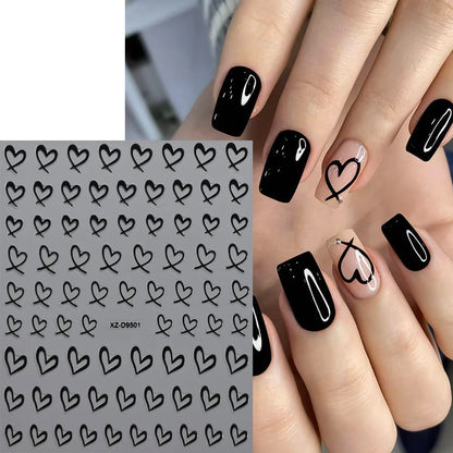 8-Sheet 3D Heart Nail Stickers – Cute Pink Black White Gold Self-Adhesive Nail Art Decals (8×10cm)